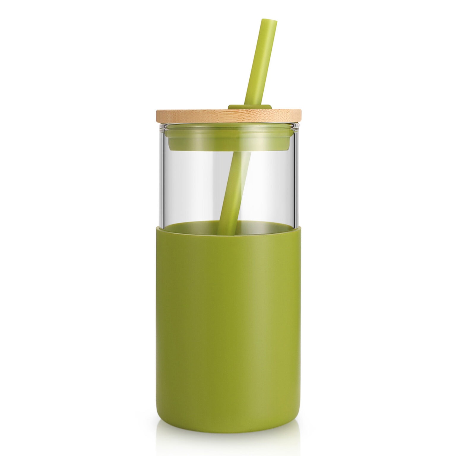 Custom glass tumbler with bamboo lid, straw, and silicone sleeve