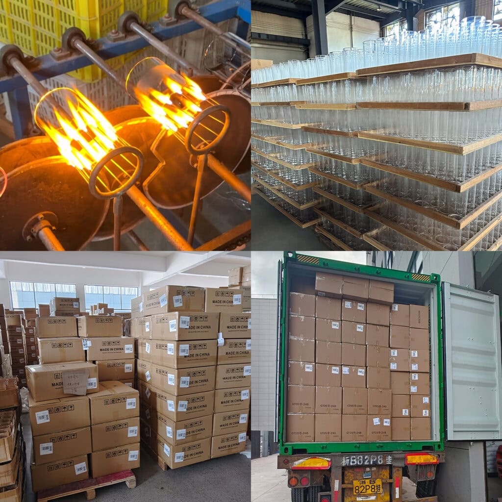 Wholesale glass tumblers production, packing, and container loading