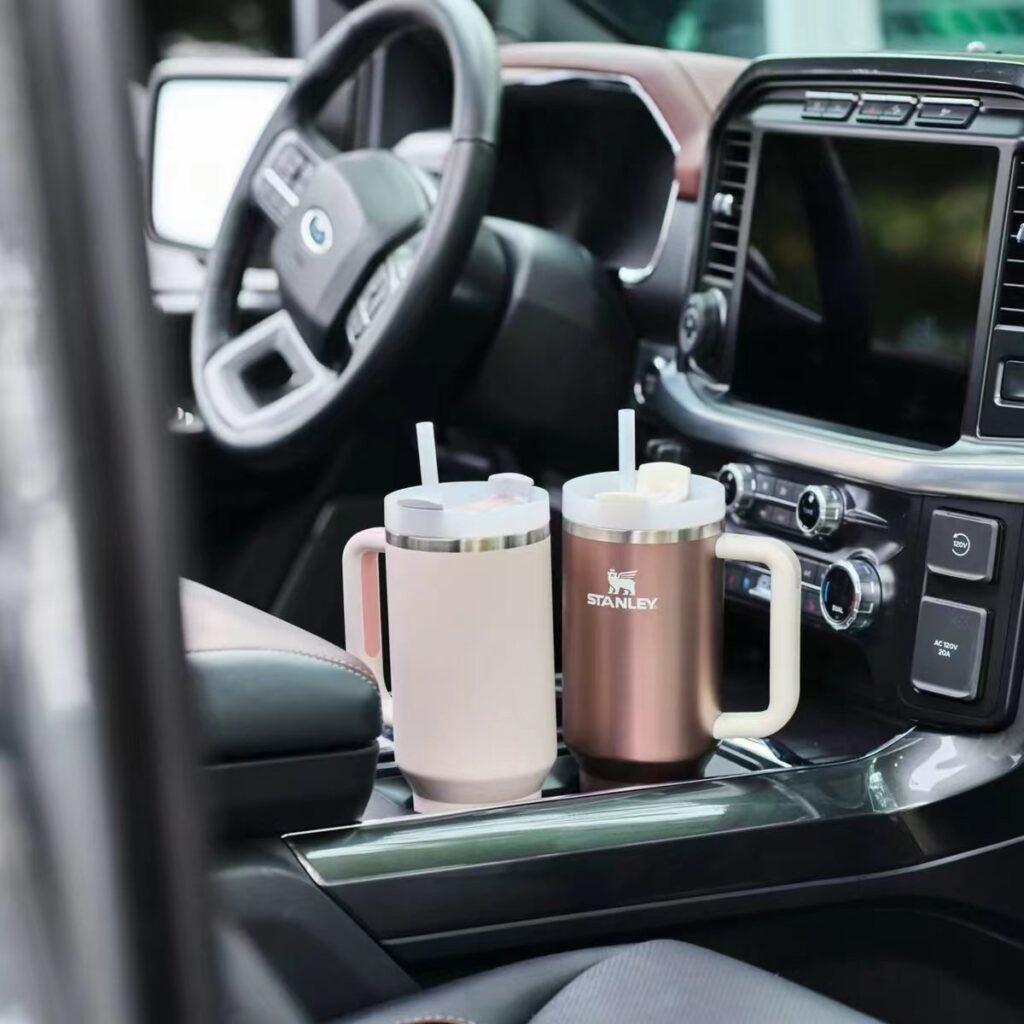 Custom 40oz Stanley style tumblers with 2.95-inch tapered base perfectly fitting in car cup holders, manufactured by Elengic Wuyi