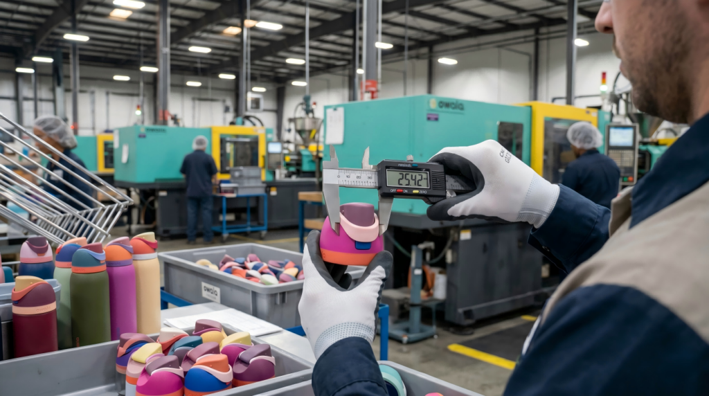 Quality control measurement of precision injection molded Owala style lid to ensure strict tolerance for custom drinkware by Elengic