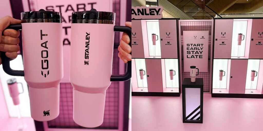Limited edition Stanley GOAT pink tumblers displaying the social currency and collection economy of modern lifestyle drinkware