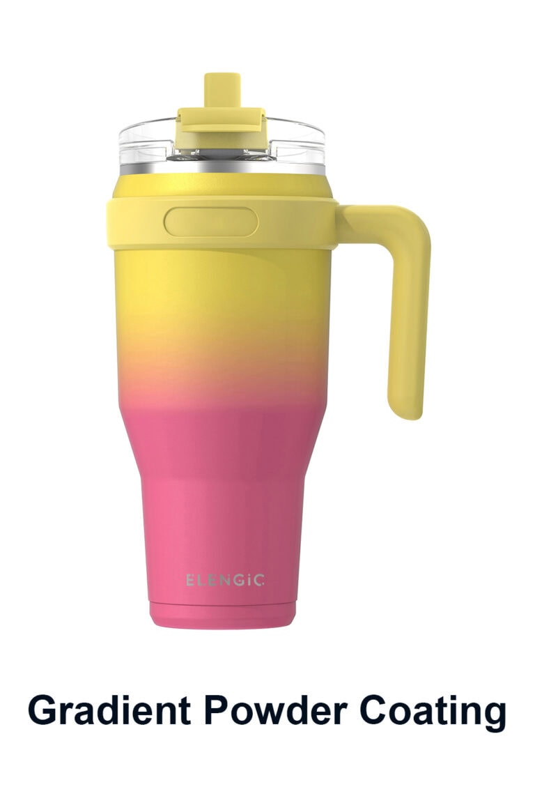 Gradient powder coating finish for custom stainless steel tumblers